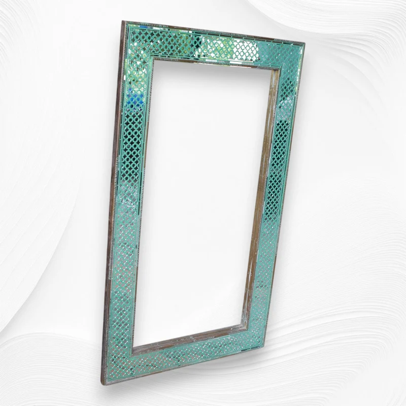 Thikri Glass Inlay Mirror Green With Brass Work