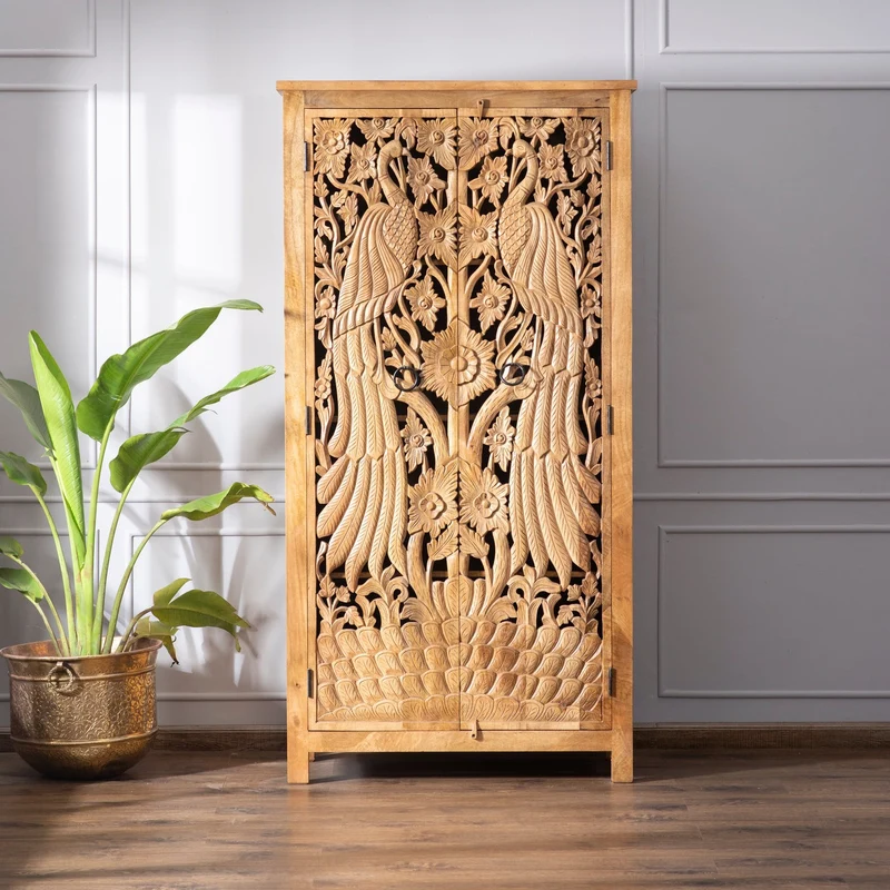 Handcarved Peacock Design Almirah Natural