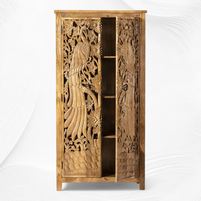 Handcarved Peacock Design Almirah Natural