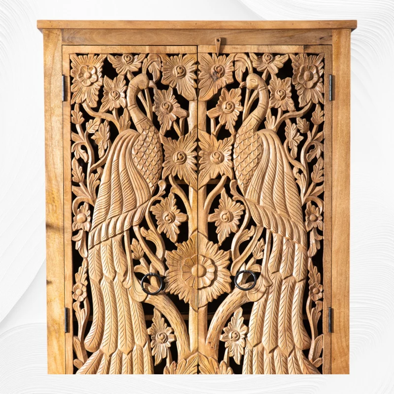 Handcarved Peacock Design Almirah Natural