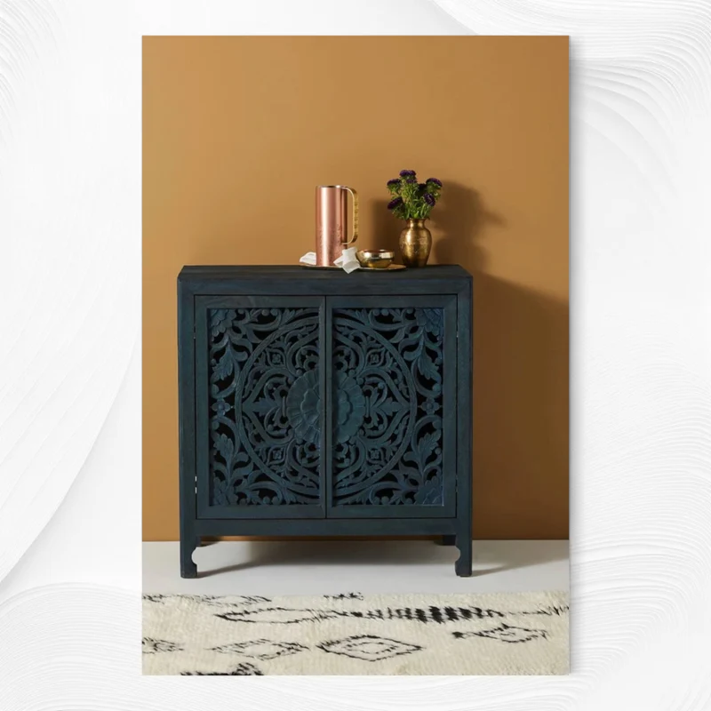 Handcarved Lombok Entryway Cabinet Indigo Blue