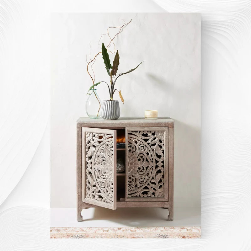 Handcarved Lombok Entryway Cabinet White Wash