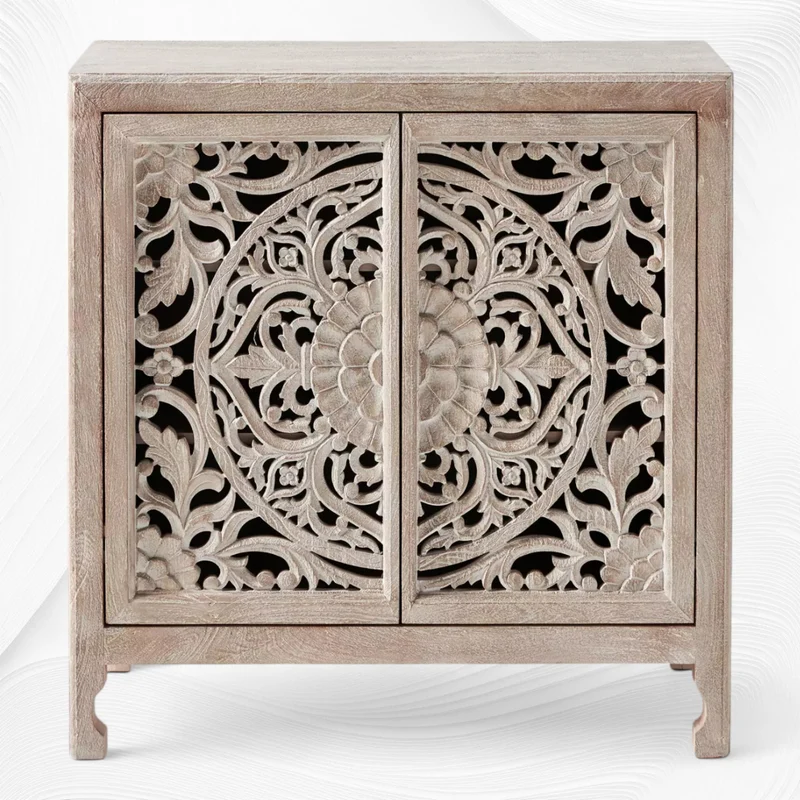 Handcarved Lombok Entryway Cabinet White Wash