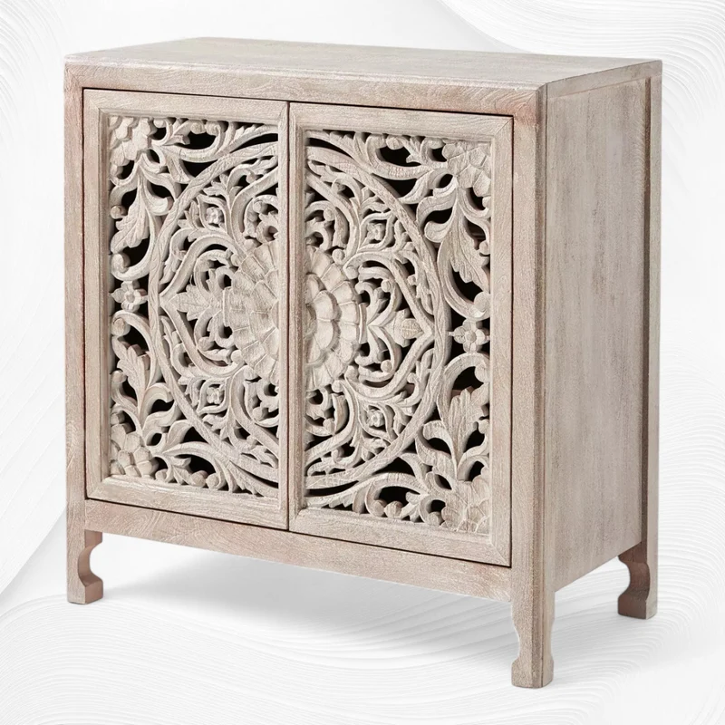 Handcarved Lombok Entryway Cabinet White Wash