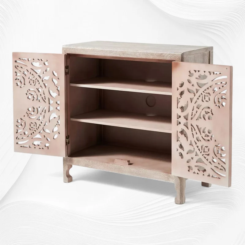 Handcarved Lombok Entryway Cabinet White Wash