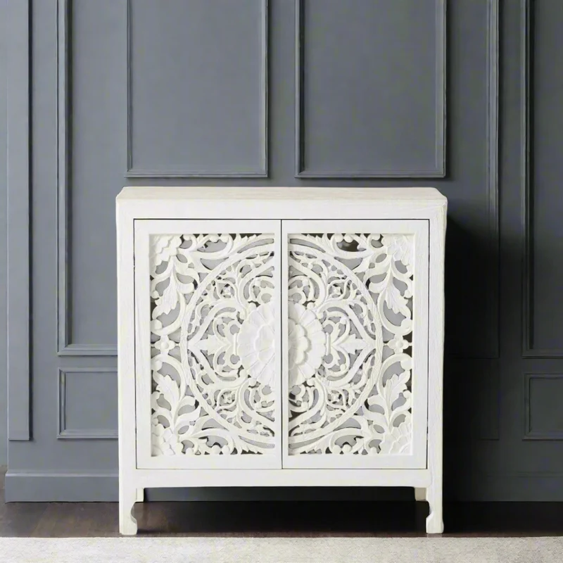 Handcarved Lombok Entryway Cabinet White
