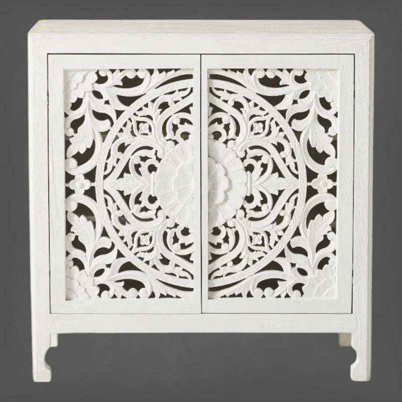 Handcarved Lombok Entryway Cabinet White