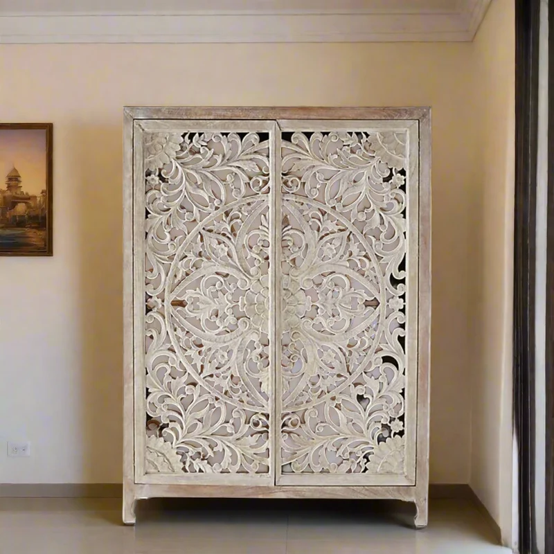 Lombok Handcarved 2 Door Wardrobe White Wash