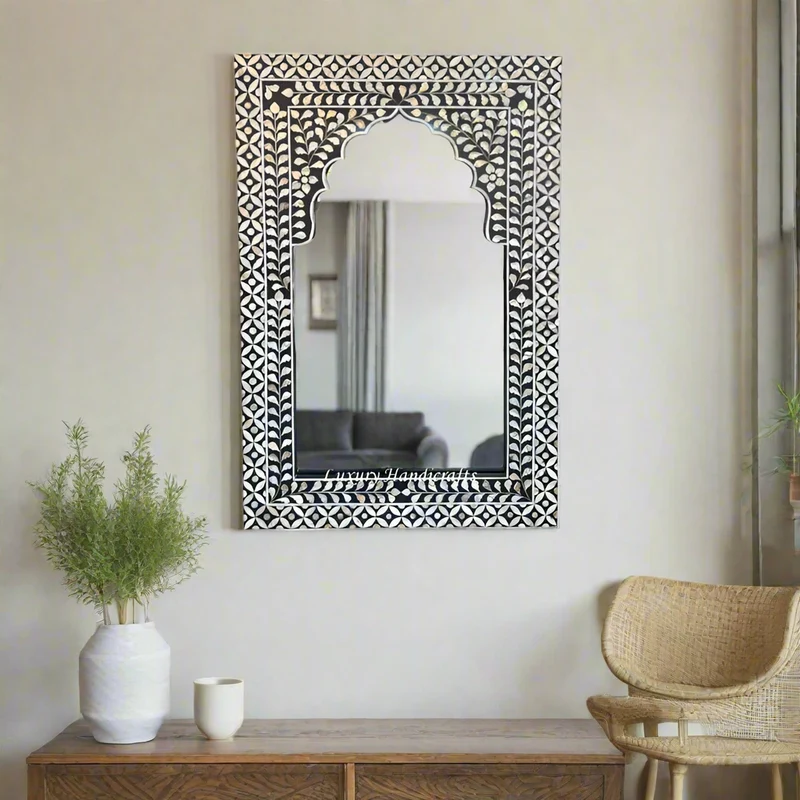Mother Of Pearl Inlay Geometric Floral Mirror Black
