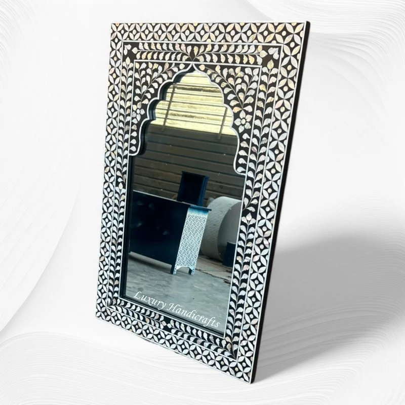 Mother Of Pearl Inlay Geometric Floral Mirror Black