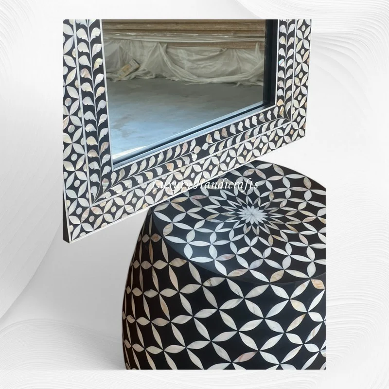 Mother Of Pearl Inlay Geometric Floral Mirror Black