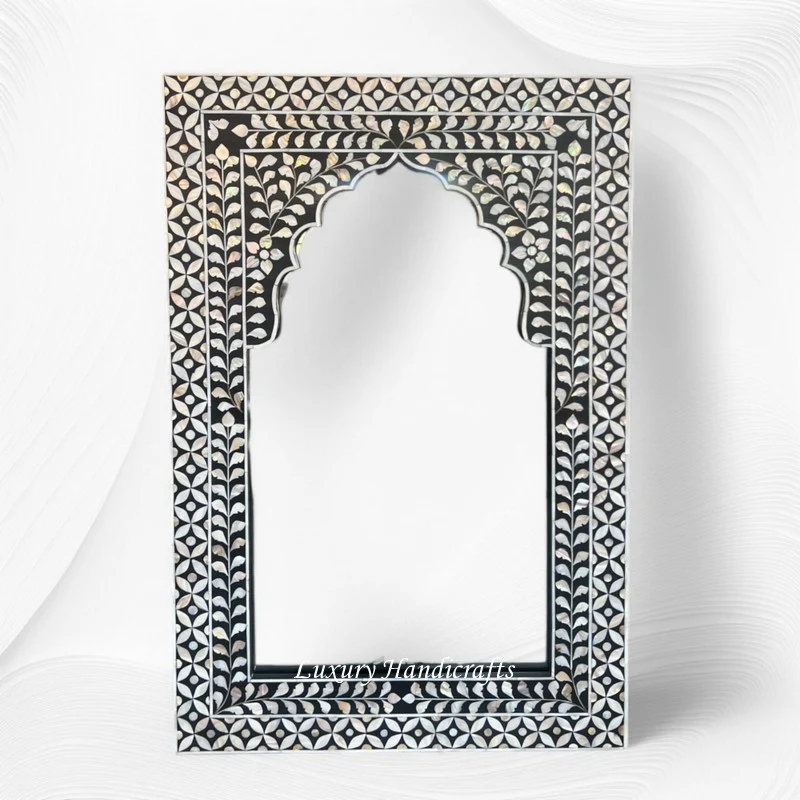 Mother Of Pearl Inlay Geometric Floral Mirror Black