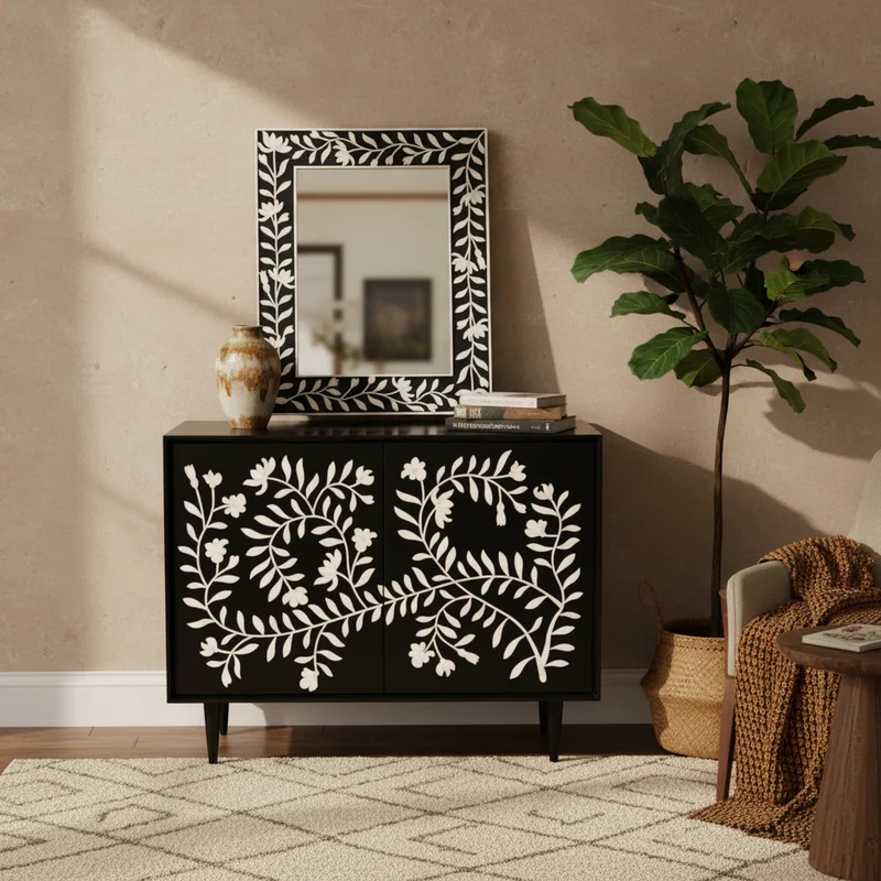 Combo Flower Bone Inlay 2 Door Cabinet and Mirror Black