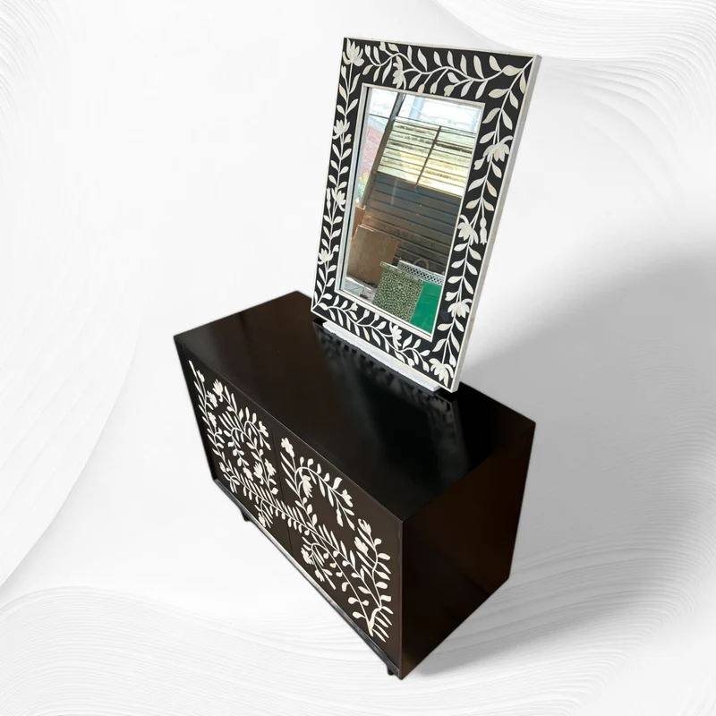 Combo Flower Bone Inlay 2 Door Cabinet and Mirror Black