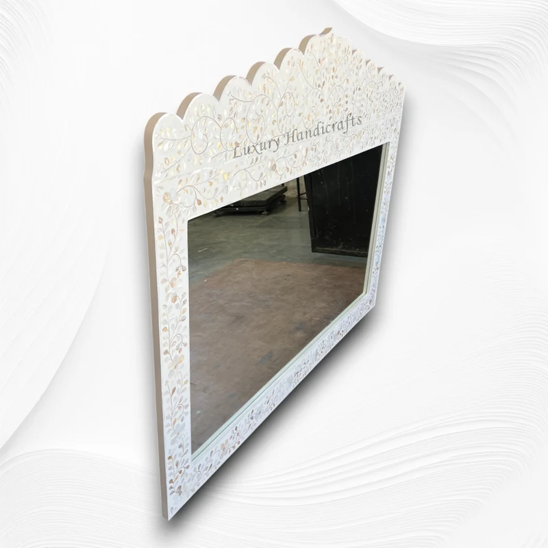 Mother Of Pearl Inlay Floral Crested Mirror White Large