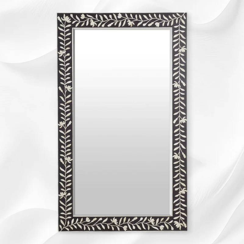 Kyra Bone Inlay Flower Floor Mirror Black