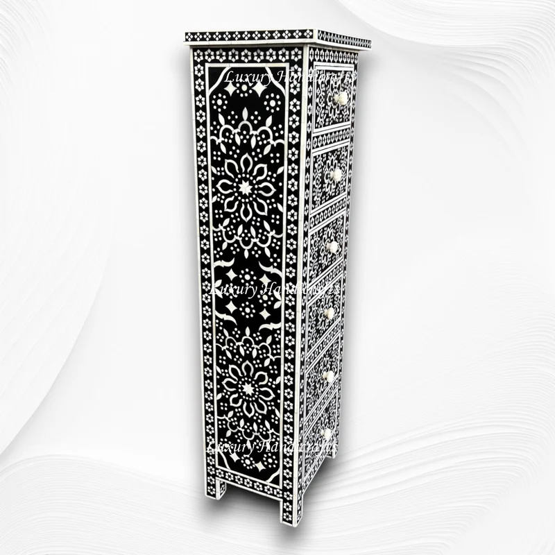 Bone Inlay Zahra 6 Drawer Tallboy Chest Black