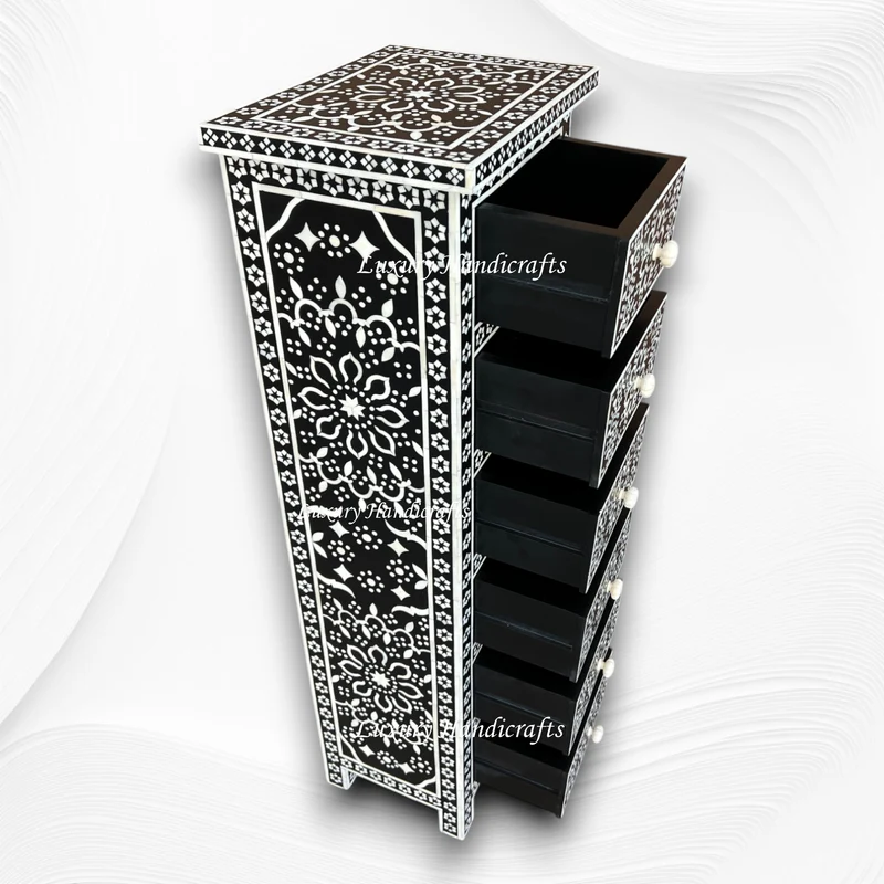 Bone Inlay Zahra 6 Drawer Tallboy Chest Black