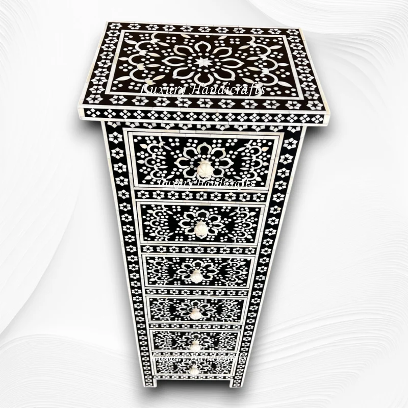 Bone Inlay Zahra 6 Drawer Tallboy Chest Black