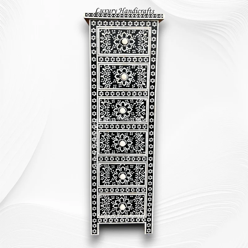 Bone Inlay Zahra 6 Drawer Tallboy Chest Black