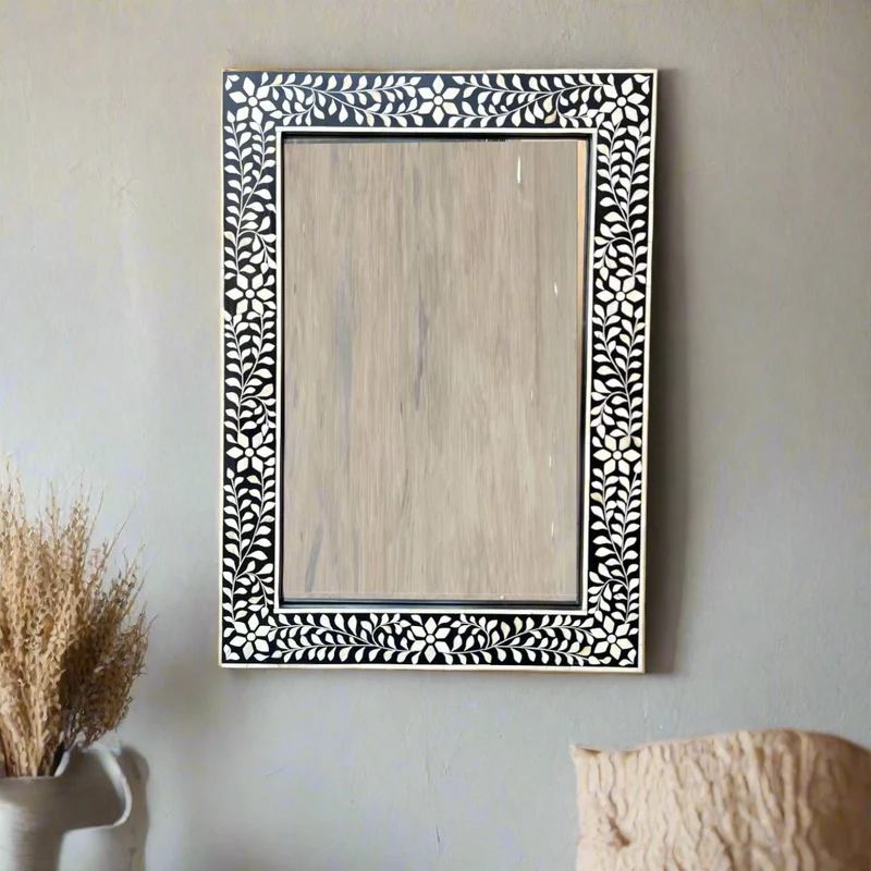 Black Bone Inlay Floral Rectangle Mirror