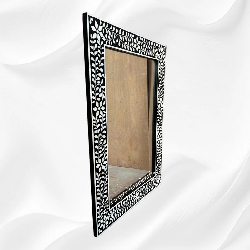 Black Bone Inlay Floral Rectangle Mirror