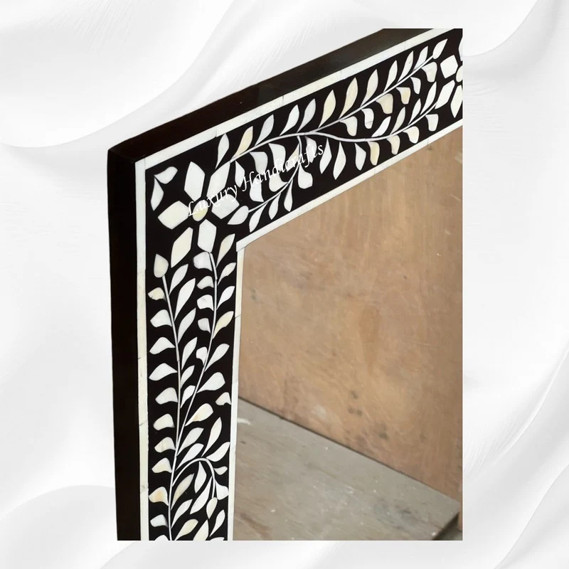Black Bone Inlay Floral Rectangle Mirror