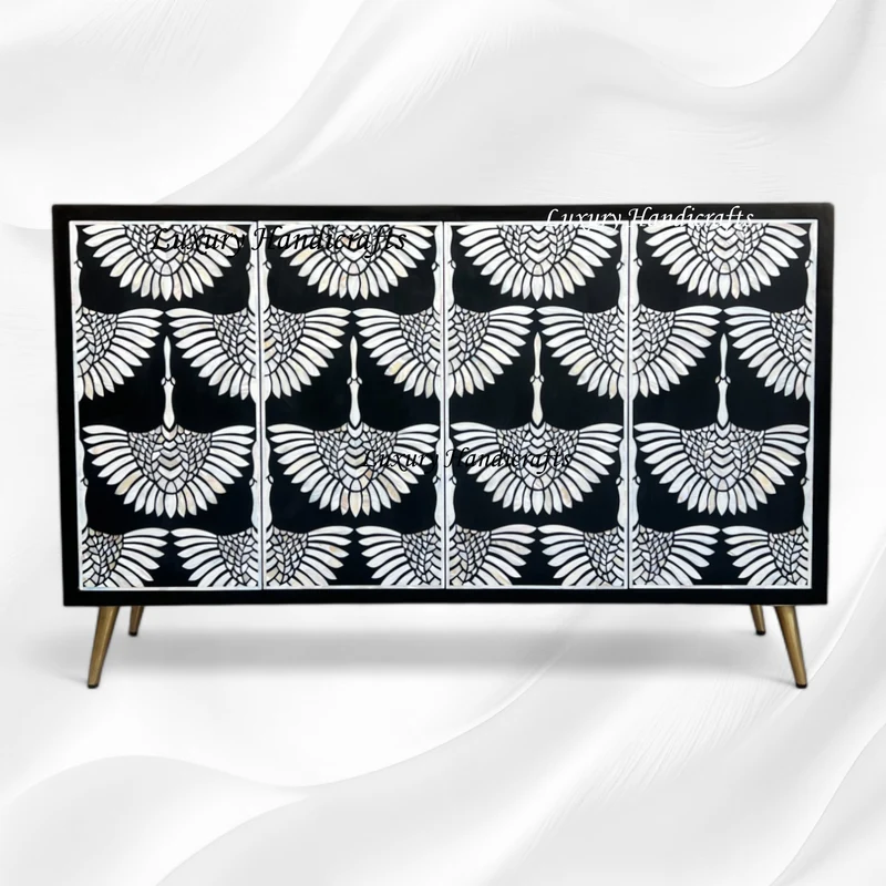 MOP Inlay Swan Cabinet 4 Door Black | Mother Of Pearl Inlay Cabinet