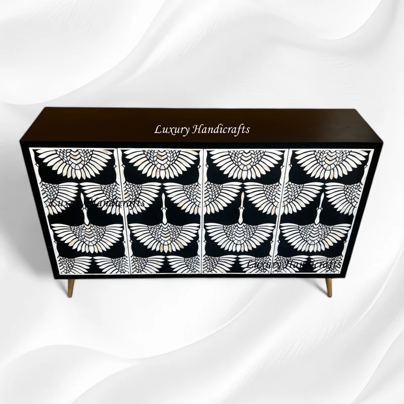 MOP Inlay Swan Cabinet 4 Door Black | Mother Of Pearl Inlay Cabinet