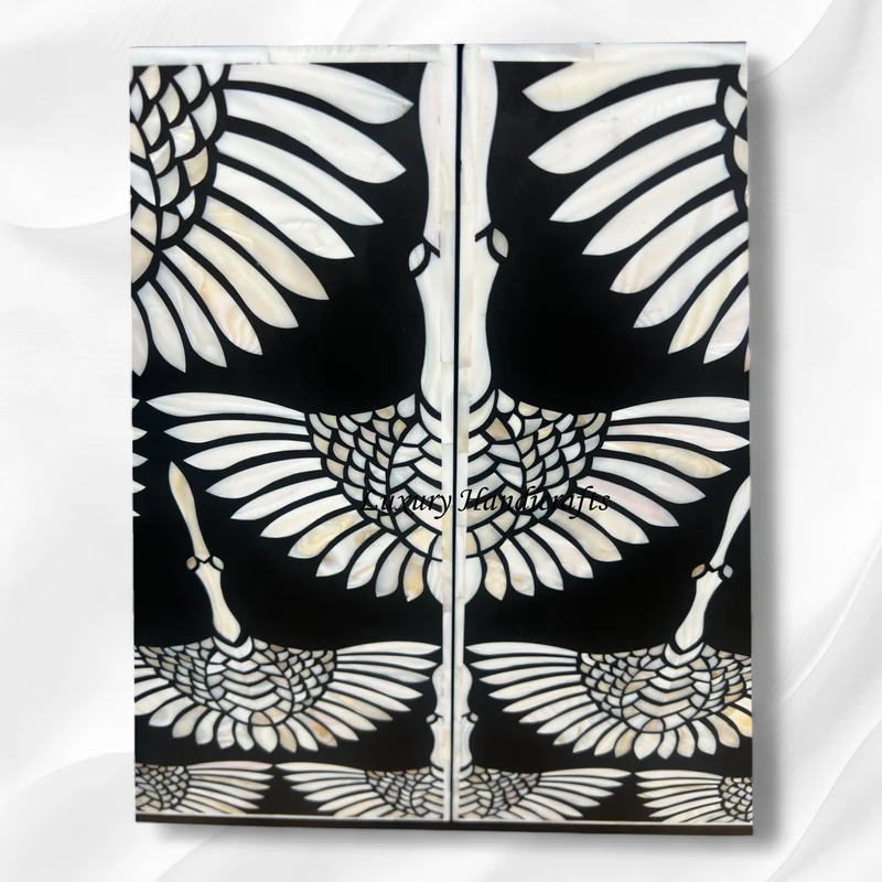 MOP Inlay Swan Cabinet 4 Door Black | Mother Of Pearl Inlay Cabinet