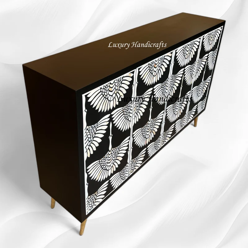 MOP Inlay Swan Cabinet 4 Door Black | Mother Of Pearl Inlay Cabinet