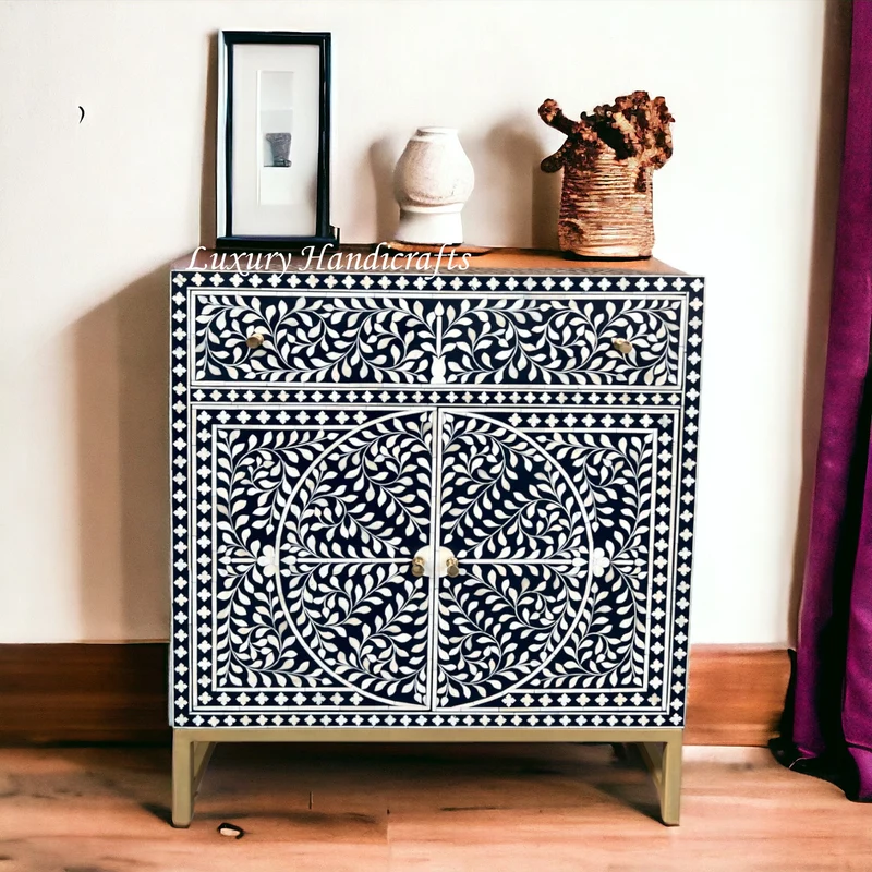 Scroll Vine Bone Inlay Entryway Cabinet Navy Blue