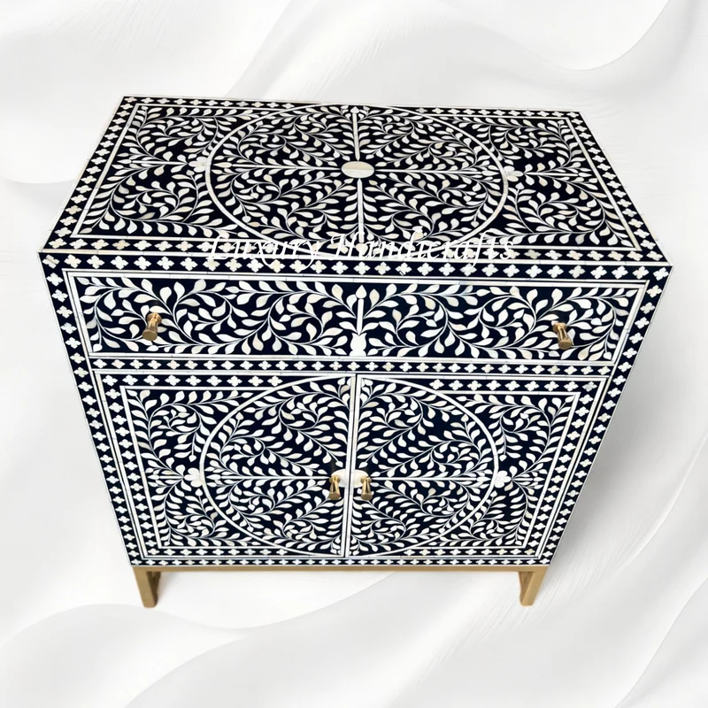 Scroll Vine Bone Inlay Entryway Cabinet Navy Blue