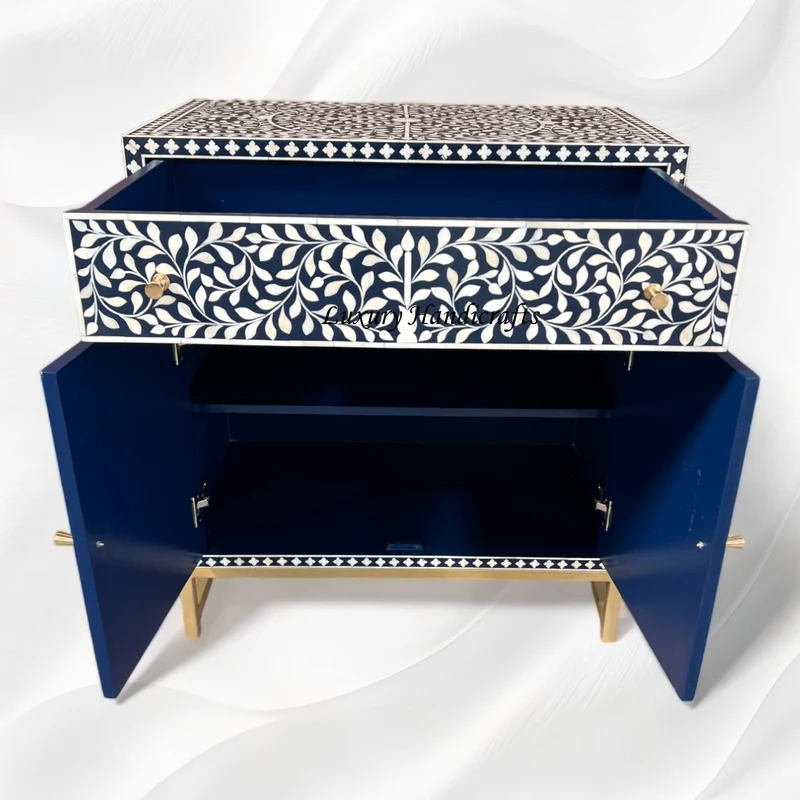 Scroll Vine Bone Inlay Entryway Cabinet Navy Blue