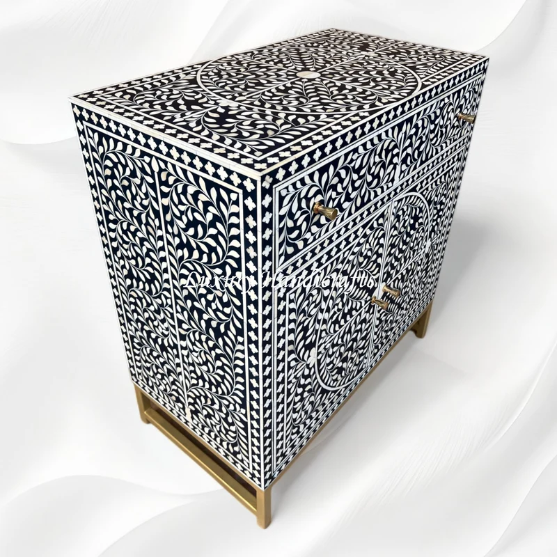 Scroll Vine Bone Inlay Entryway Cabinet Navy Blue