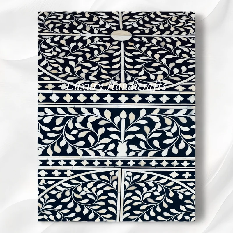 Scroll Vine Bone Inlay Entryway Cabinet Navy Blue