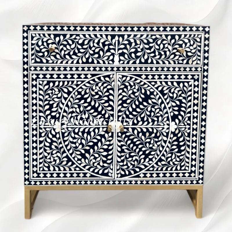 Scroll Vine Bone Inlay Entryway Cabinet Navy Blue