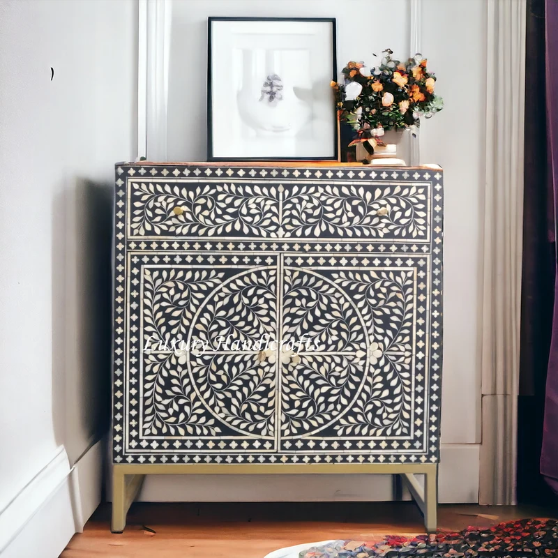 Scroll Vine Bone Inlay Entryway Cabinet Black