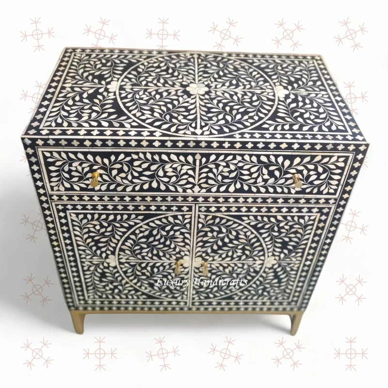 Scroll Vine Bone Inlay Entryway Cabinet Black