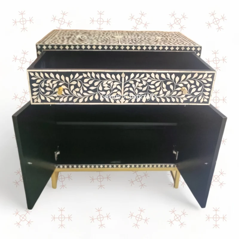 Scroll Vine Bone Inlay Entryway Cabinet Black