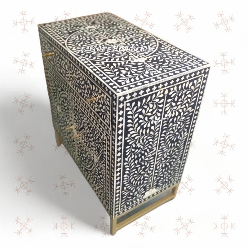 Scroll Vine Bone Inlay Entryway Cabinet Black