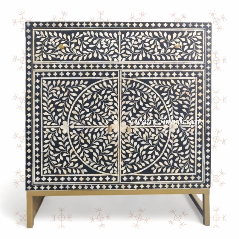 Scroll Vine Bone Inlay Entryway Cabinet Black