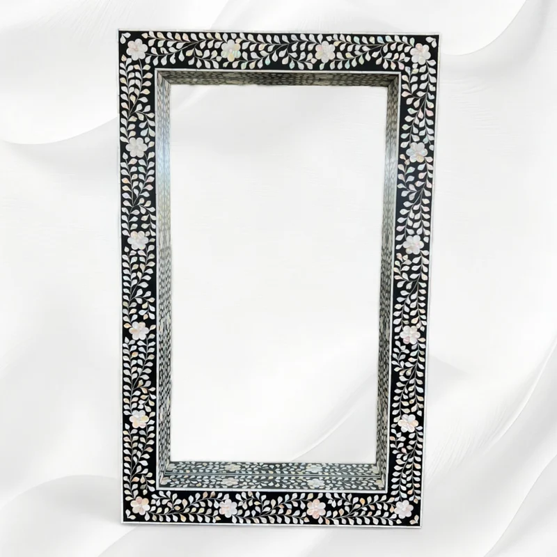 Black MOP Inlay Floral Floor Mirror