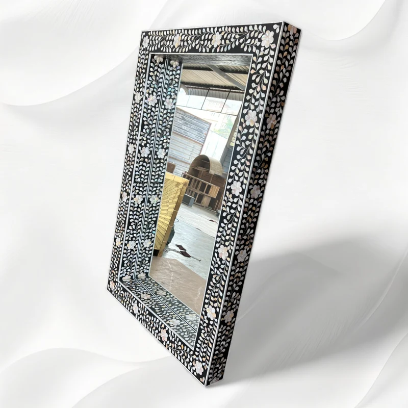 Black MOP Inlay Floral Floor Mirror