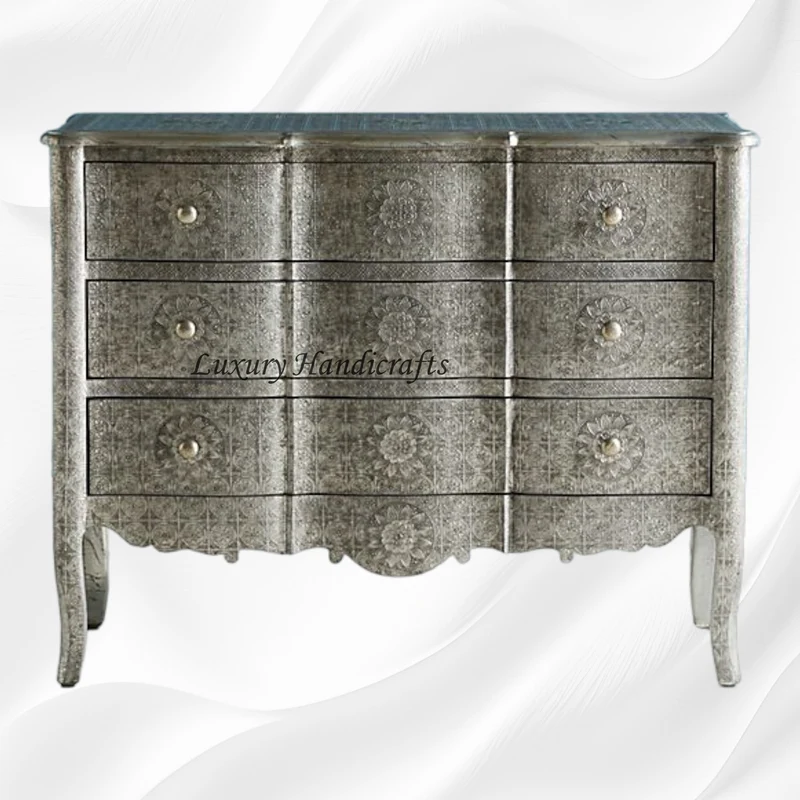 Jaden Antique White Metal Embossed 3 Drawer Chest