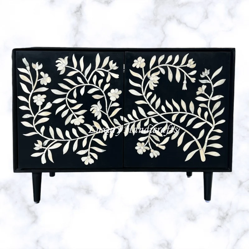 Flower Bone Inlay 2 Door Cabinet Black