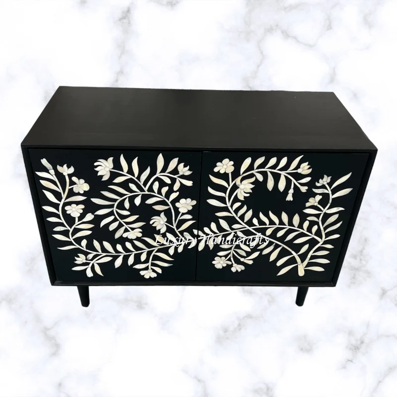 Flower Bone Inlay 2 Door Cabinet Black