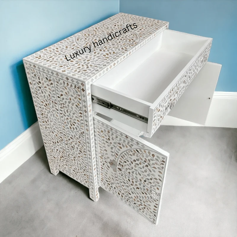 Scroll Vine MOP Inlay Cabinet White