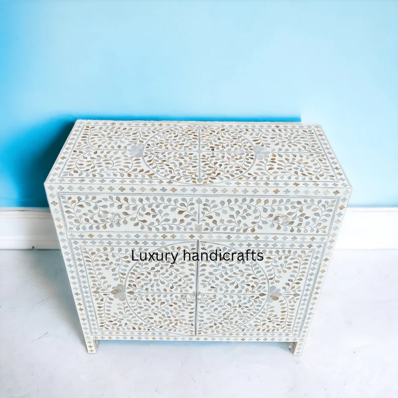Scroll Vine MOP Inlay Cabinet White