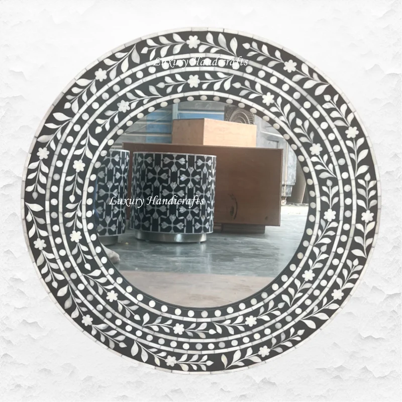 Dot Floral Bone Inlay Mirror Black